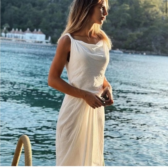 ZARA WOMAN SLEEVELESS ZW COLLECTION DRAPED LINEN BLEND DRESS WHITE 2965/120 - Picture 3 of 5